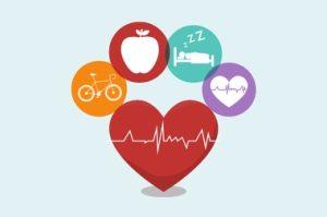 Icons showing heart, food, brain, and sleep representing integrated health and wellness